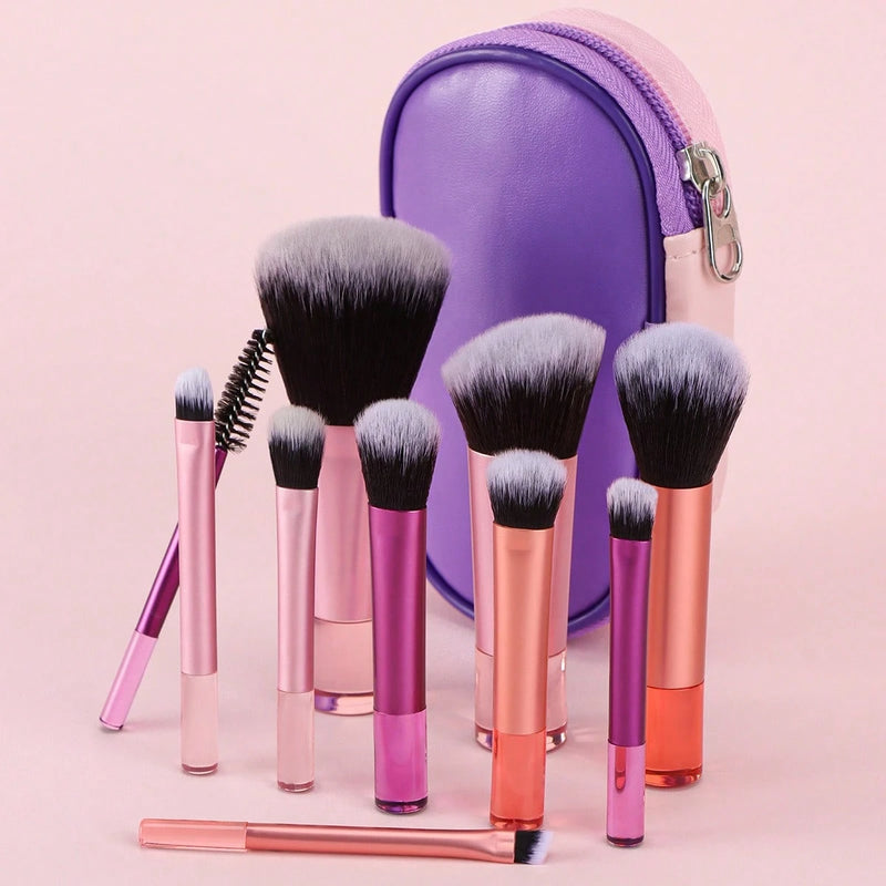 Kit com 10 Mini Pincéis de Maquiagem Premium + Estojo para Viagem